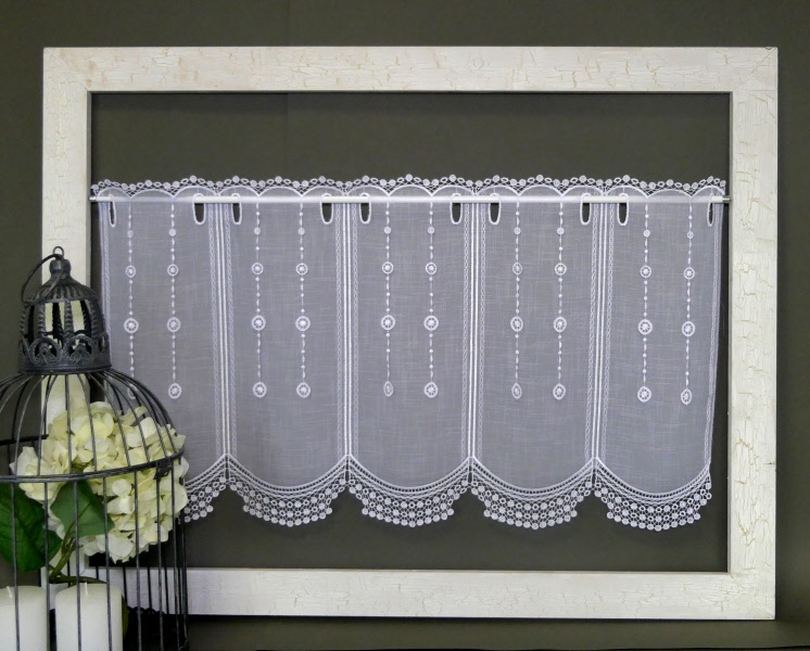 Plauener Spitze Scheibengardine Blumenspitze #1W – 73,5x32 Cm, 100% Polyester, Transparent, Für Stangen, Waschbar Bei 40°C